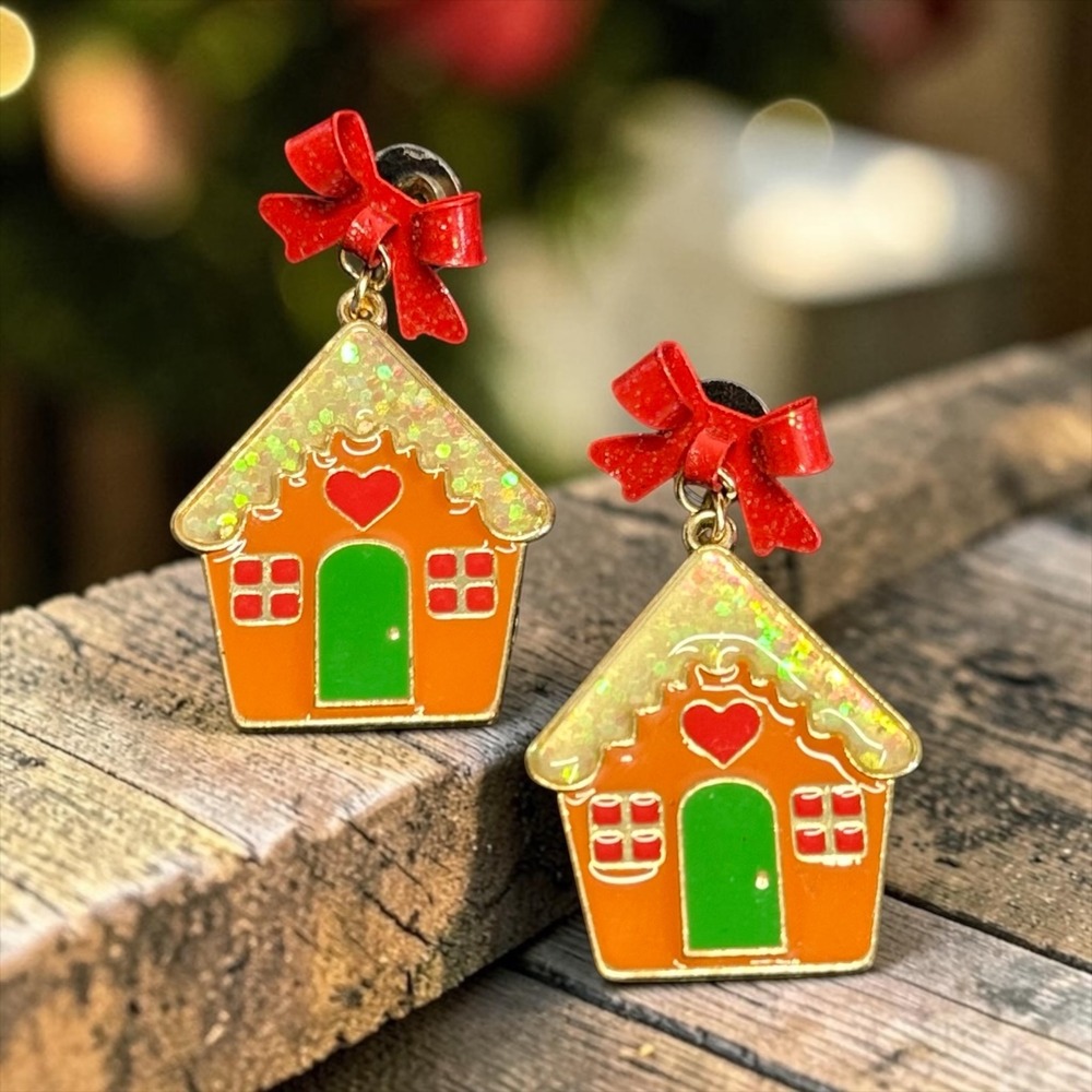 Gingerbread House Dangle Earrings Red Bow Christmas Holiday Enamel Earrings